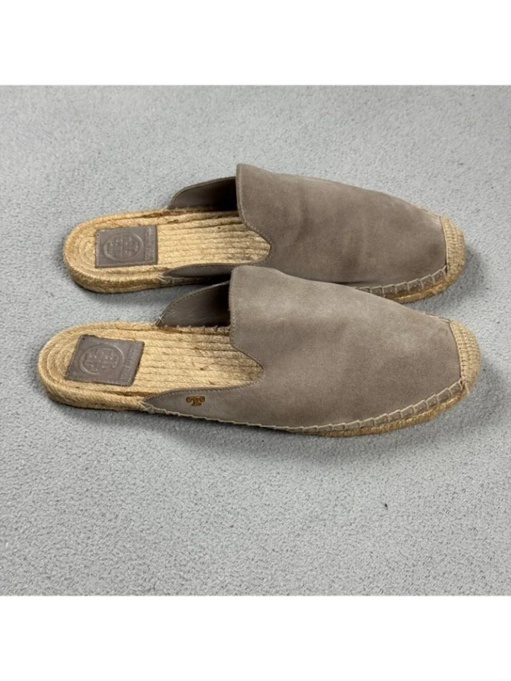 Tory Burch Suede Espadrille Mules Womens Size 8.5 M Taupe Slides Flat Slipper